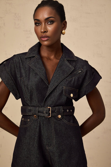 Michelle Denim Blue Belted Playsuit