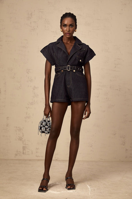 Michelle Denim Blue Belted Playsuit