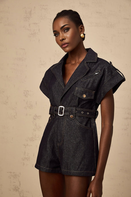 Michelle Denim Blue Belted Playsuit