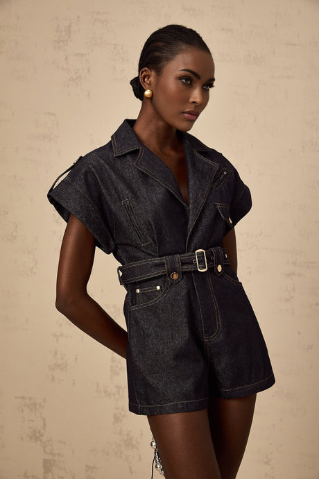 Michelle Denim Blue Belted Playsuit