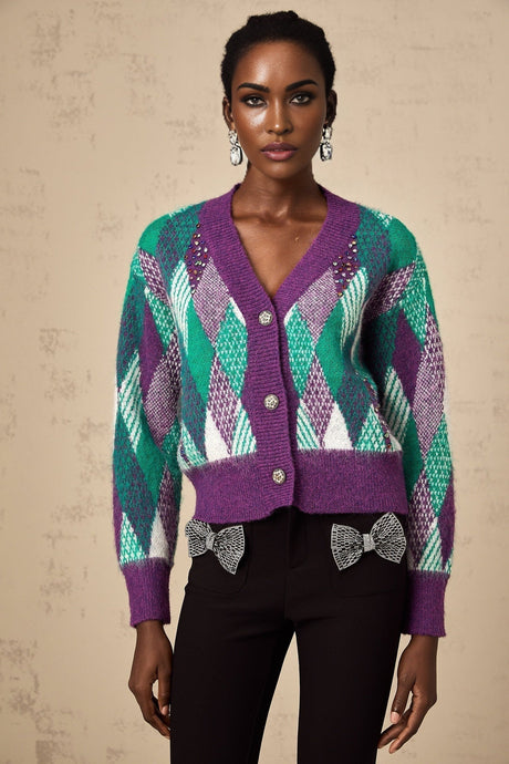 Michelle Top Purple Argyle Knit Rhinestone Cropped