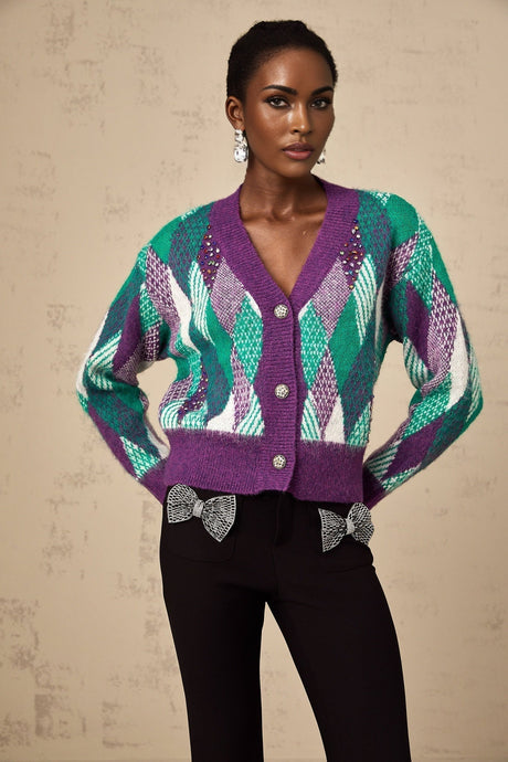 Michelle Top Purple Argyle Knit Rhinestone Cropped