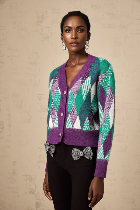 Michelle Top Purple Argyle Knit Rhinestone Cropped