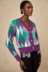 Michelle Top Purple Argyle Knit Rhinestone Cropped