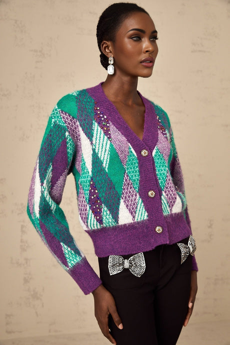 Michelle Top Purple Argyle Knit Rhinestone Cropped