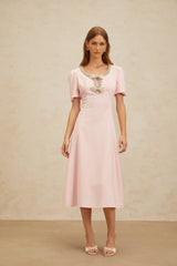 Midi Dress - Cinched Waist - Cut - Out Detailing - Crystal & Faux - Pearl Embellishments - Flared Hem