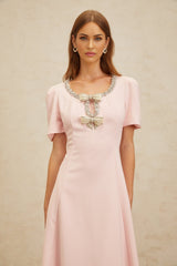 Midi Dress - Cinched Waist - Cut - Out Detailing - Crystal & Faux - Pearl Embellishments - Flared Hem