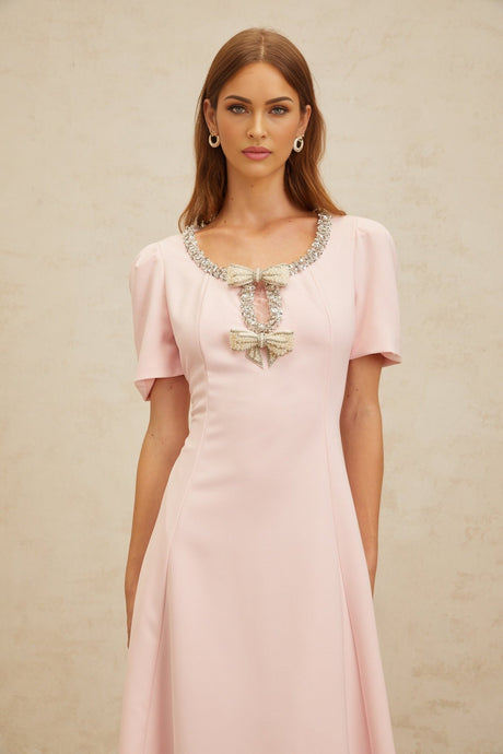 Midi Dress - Cinched Waist - Cut - Out Detailing - Crystal & Faux - Pearl Embellishments - Flared Hem