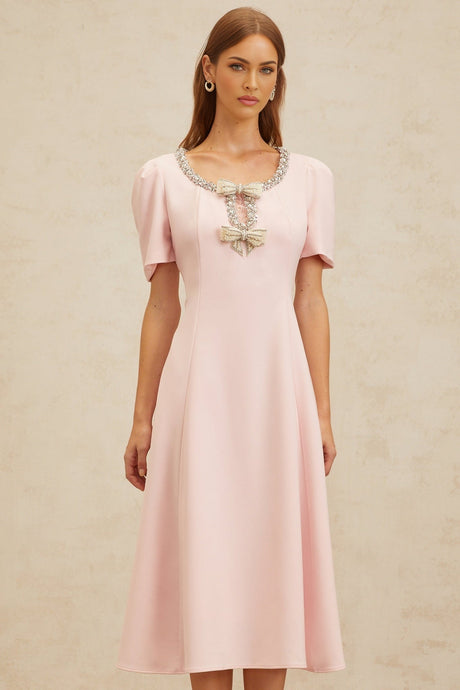 Midi Dress - Cinched Waist - Cut - Out Detailing - Crystal & Faux - Pearl Embellishments - Flared Hem