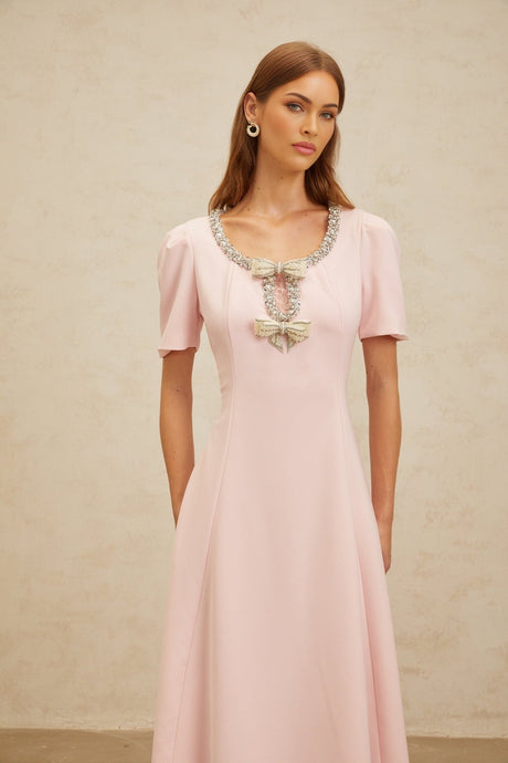 Midi Dress - Cinched Waist - Cut - Out Detailing - Crystal & Faux - Pearl Embellishments - Flared Hem