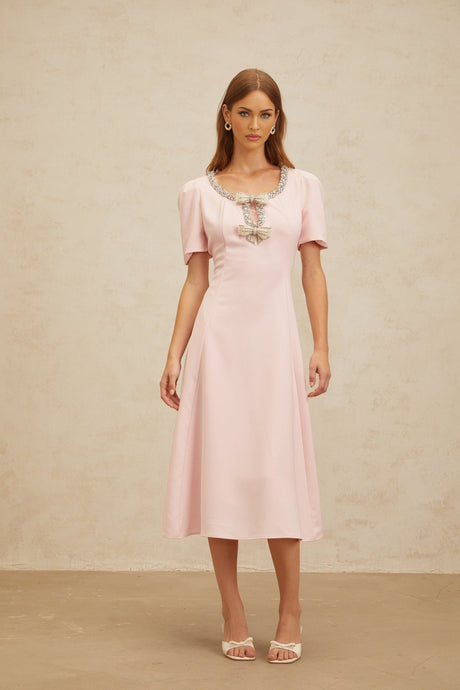 Midi Dress - Cinched Waist - Cut - Out Detailing - Crystal & Faux - Pearl Embellishments - Flared Hem