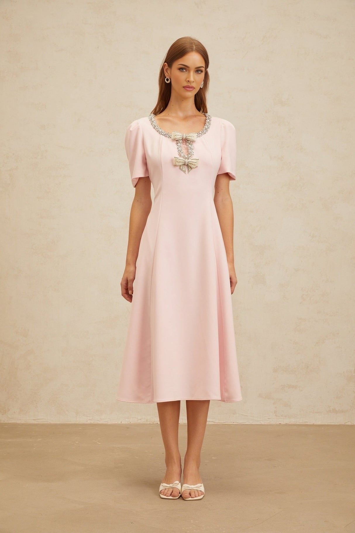 Midi Dress - Cinched Waist - Cut - Out Detailing - Crystal & Faux - Pearl Embellishments - Flared Hem