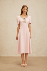 Midi Dress - Cinched Waist - Cut - Out Detailing - Crystal & Faux - Pearl Embellishments - Flared Hem
