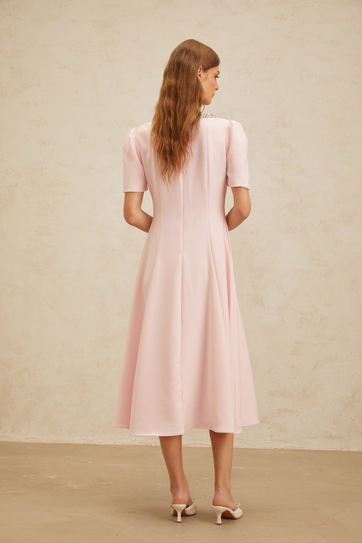 Midi Dress - Cinched Waist - Cut - Out Detailing - Crystal & Faux - Pearl Embellishments - Flared Hem