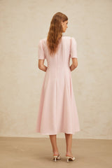 Midi Dress - Cinched Waist - Cut - Out Detailing - Crystal & Faux - Pearl Embellishments - Flared Hem