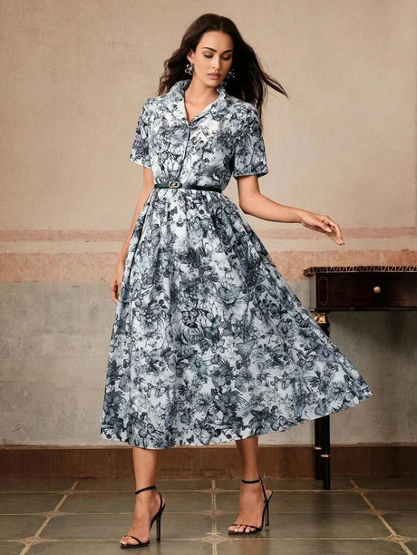 Midi Dress - Notched Neckline - A Line Style - Belted Detail - Flared Hem