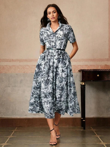 Midi Dress - Notched Neckline - A Line Style - Belted Detail - Flared Hem