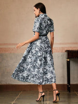 Midi Dress - Notched Neckline - A Line Style - Belted Detail - Flared Hem