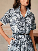 Midi Dress - Notched Neckline - A Line Style - Belted Detail - Flared Hem