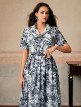 Midi Dress - Notched Neckline - A Line Style - Belted Detail - Flared Hem