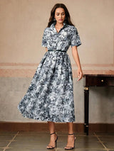 Midi Dress - Notched Neckline - A Line Style - Belted Detail - Flared Hem