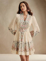 Midi Dress - Notched Neckline - Bishop Sleeve - High Waist - A Line - Boho Style