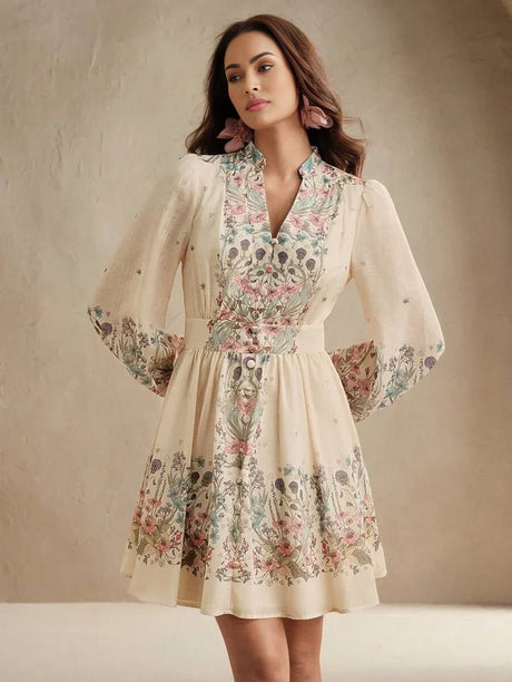 Midi Dress - Notched Neckline - Bishop Sleeve - High Waist - A Line - Boho Style
