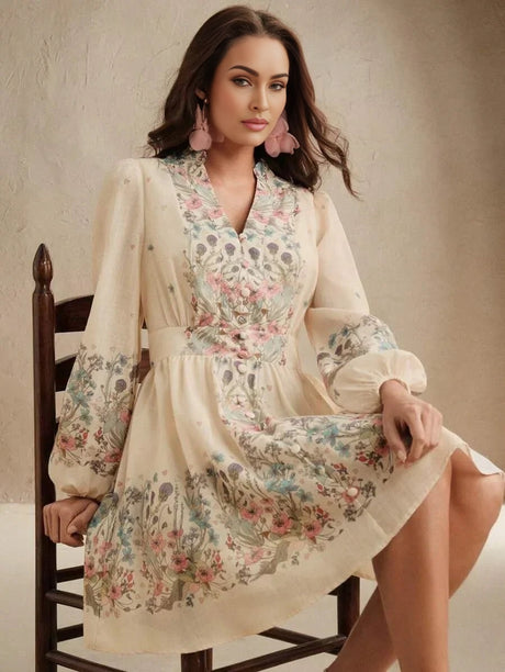 Midi Dress - Notched Neckline - Bishop Sleeve - High Waist - A Line - Boho Style