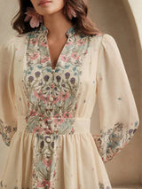 Midi Dress - Notched Neckline - Bishop Sleeve - High Waist - A Line - Boho Style