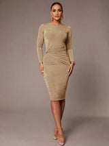 Midi Dress - Round Neck - Elegant Style - Twist Details - Slim Fit - High Stretch