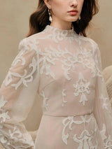 Midi Dress - Stand Collar - Bishop Sleeve - High Waist - Plants Print - Elegant