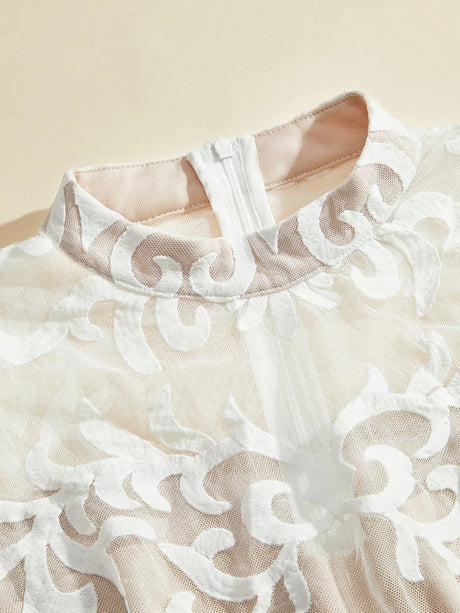 Midi Dress - Stand Collar - Bishop Sleeve - High Waist - Plants Print - Elegant