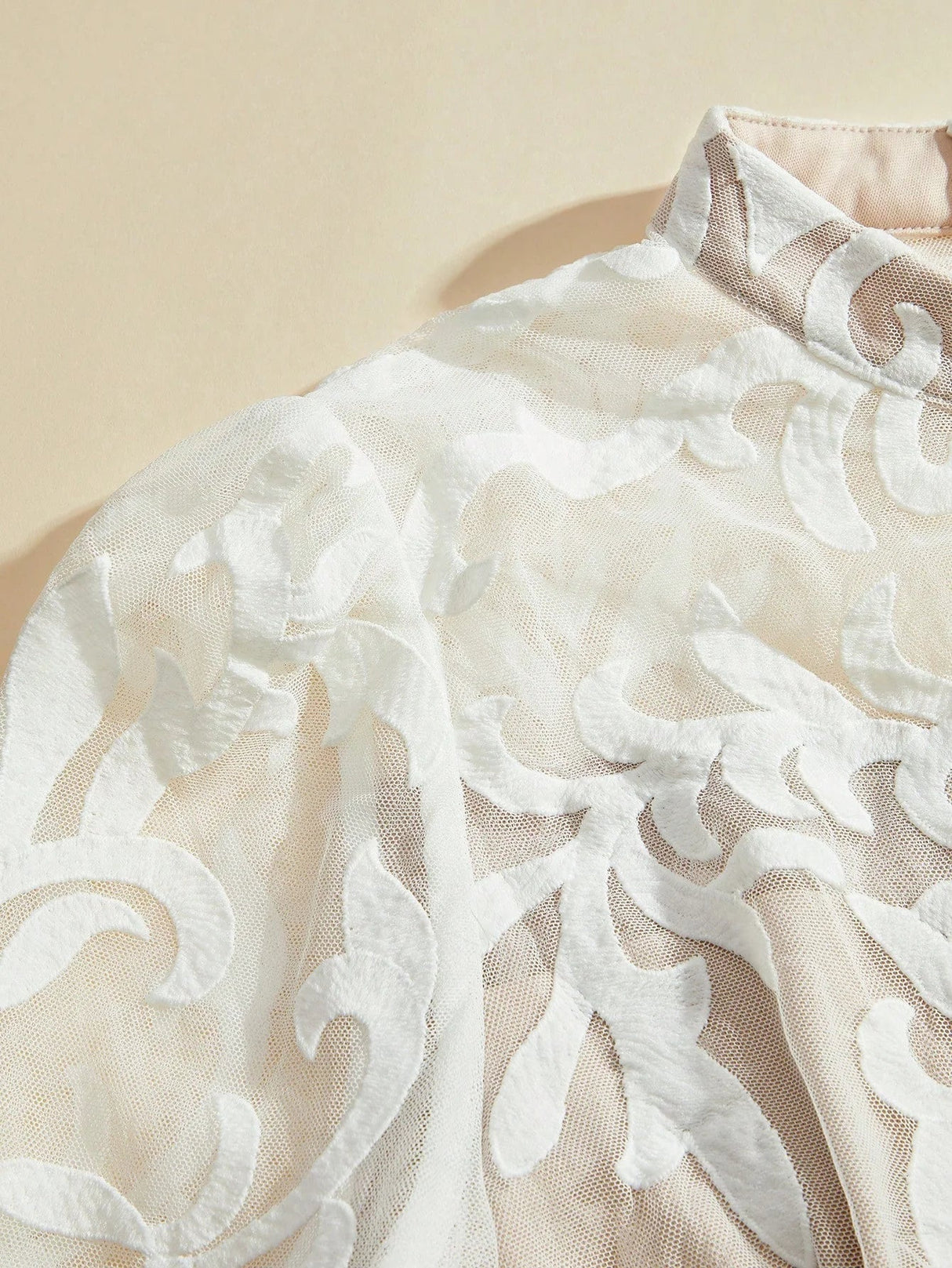 Midi Dress - Stand Collar - Bishop Sleeve - High Waist - Plants Print - Elegant