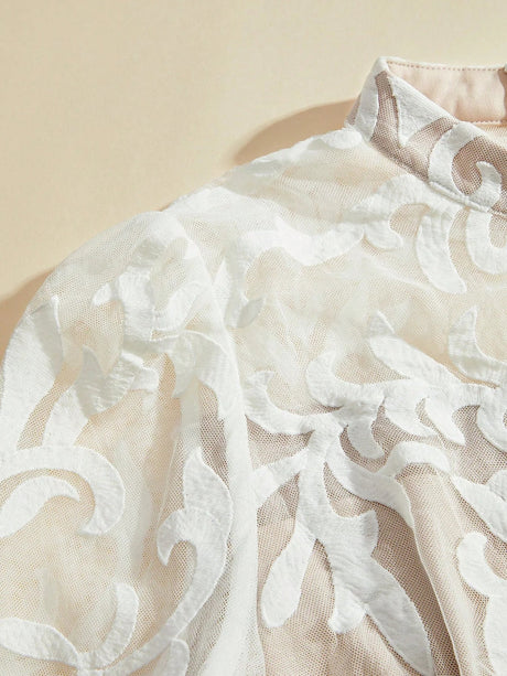 Midi Dress - Stand Collar - Bishop Sleeve - High Waist - Plants Print - Elegant