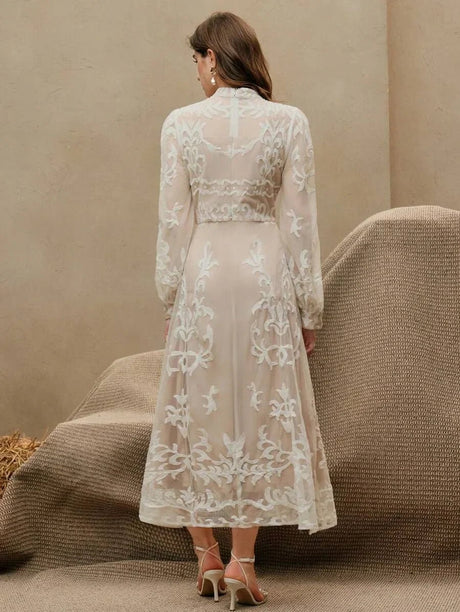 Midi Dress - Stand Collar - Bishop Sleeve - High Waist - Plants Print - Elegant