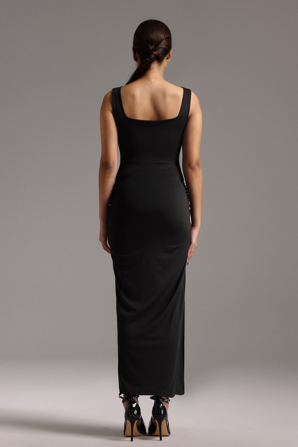 Mikayla Black Cut-Out Waist Slit Dress Square Neckline Stretchy Fabric Evening Glamorous Events