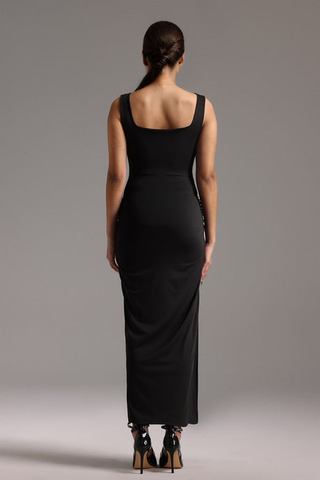 Mikayla Black Cut-Out Waist Slit Dress Square Neckline Stretchy Fabric Evening Glamorous Events