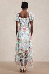 Mikayla Blue Floral Midi Dress with Ruffle Detail