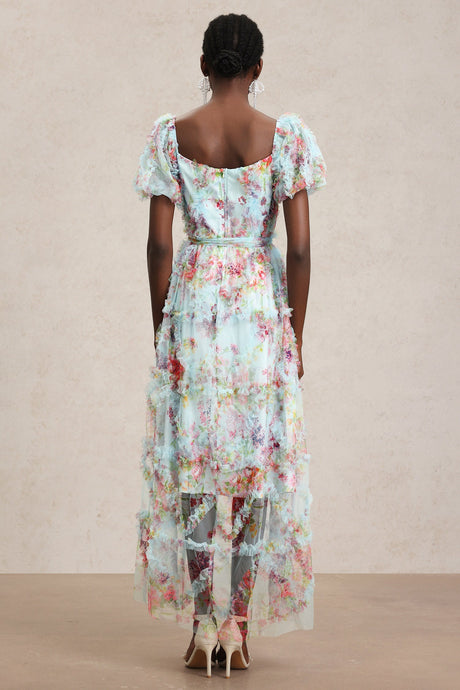 Mikayla Blue Floral Midi Dress with Ruffle Detail