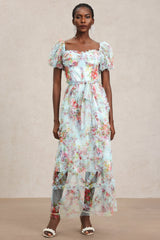 Mikayla Blue Floral Midi Dress with Ruffles and Bow Detail
