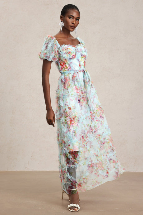 Mikayla Blue Floral Midi Dress with Ruffles and Bow Detail