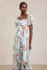 Mikayla Blue Floral Midi Dress with Ruffles and Bow Detail