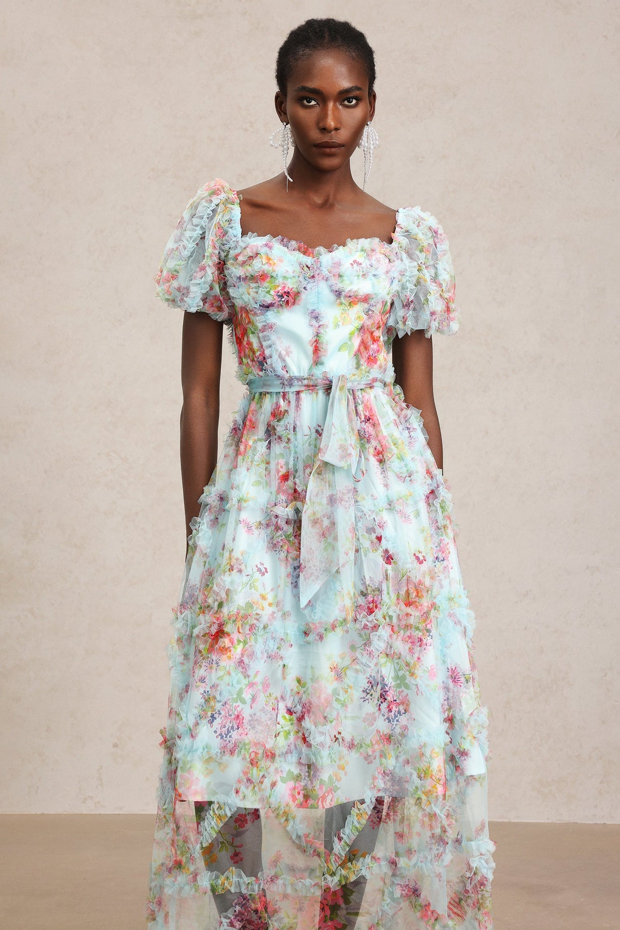 Mikayla Blue Floral Midi Dress with Ruffle Detail and Bow Accent