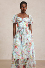 Mikayla Blue Floral Midi Dress with Ruffle Detail and Bow Accent