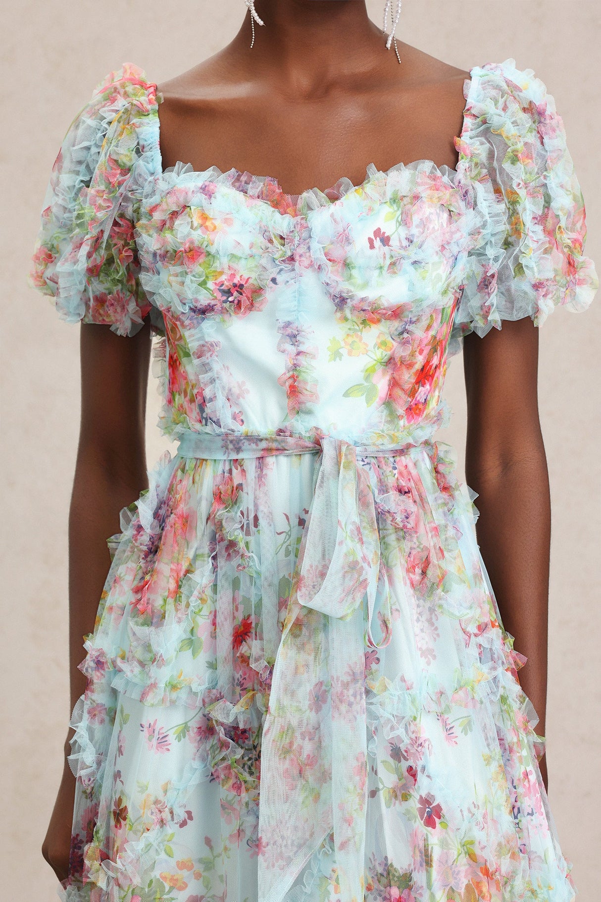 Mikayla Blue Floral Midi Dress with Ruffles and Bow