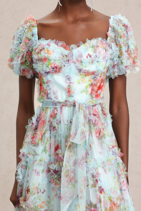 Mikayla Blue Floral Midi Dress with Ruffles and Bow