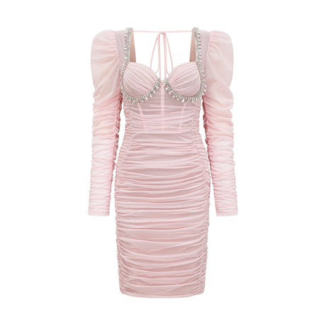 Mikayla Midi Dress Pink Sweetheart Puff Sleeve Open Back Zip