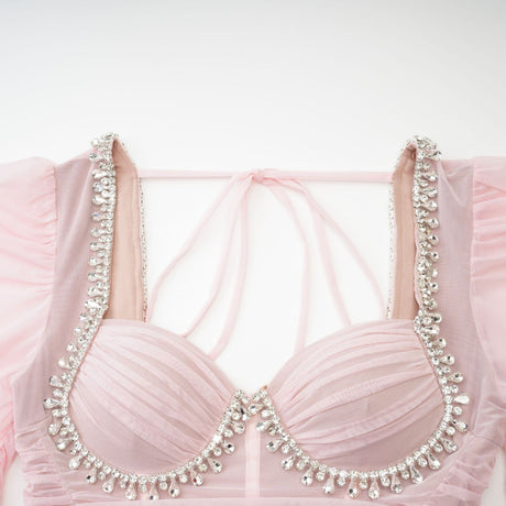 Mikayla Midi Dress Pink Sweetheart Puff Sleeve Open Back Zip