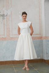 Mikayla Midi Dress White Open - Back Cap - Sleeve & Pleated Charm