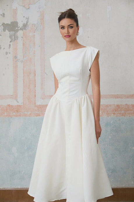 Mikayla Midi Dress White Open - Back Cap - Sleeve & Pleated Charm